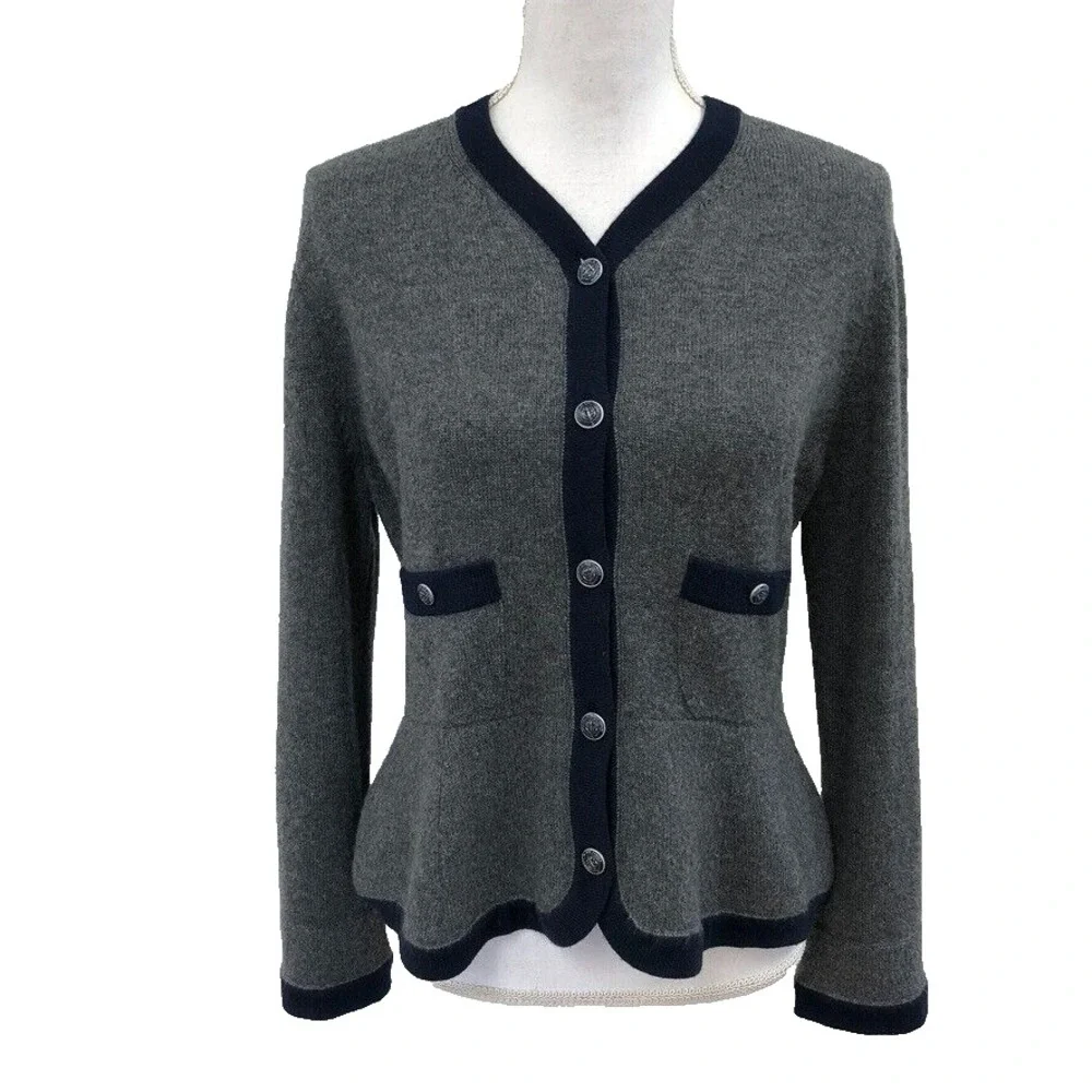 Chanel Cardigan Women 42 FR Grey Navy 100% Cashmere‎ Peplum P59182 Logo Button